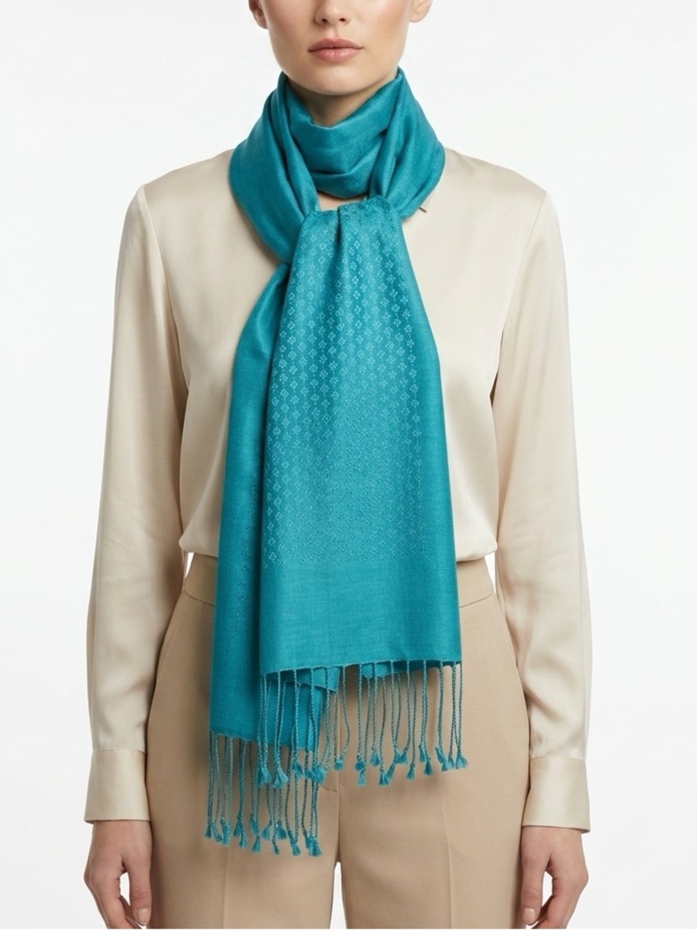 Mekong Blue Handwoven Scarf Wrap Geometric 100% Silk Teal 72x17